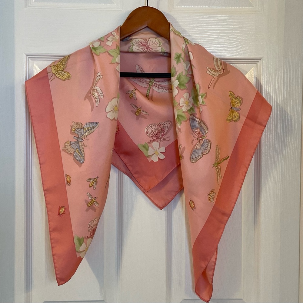 Beautiful scarf - Butterflies, dragonflies, & florals on a pink background